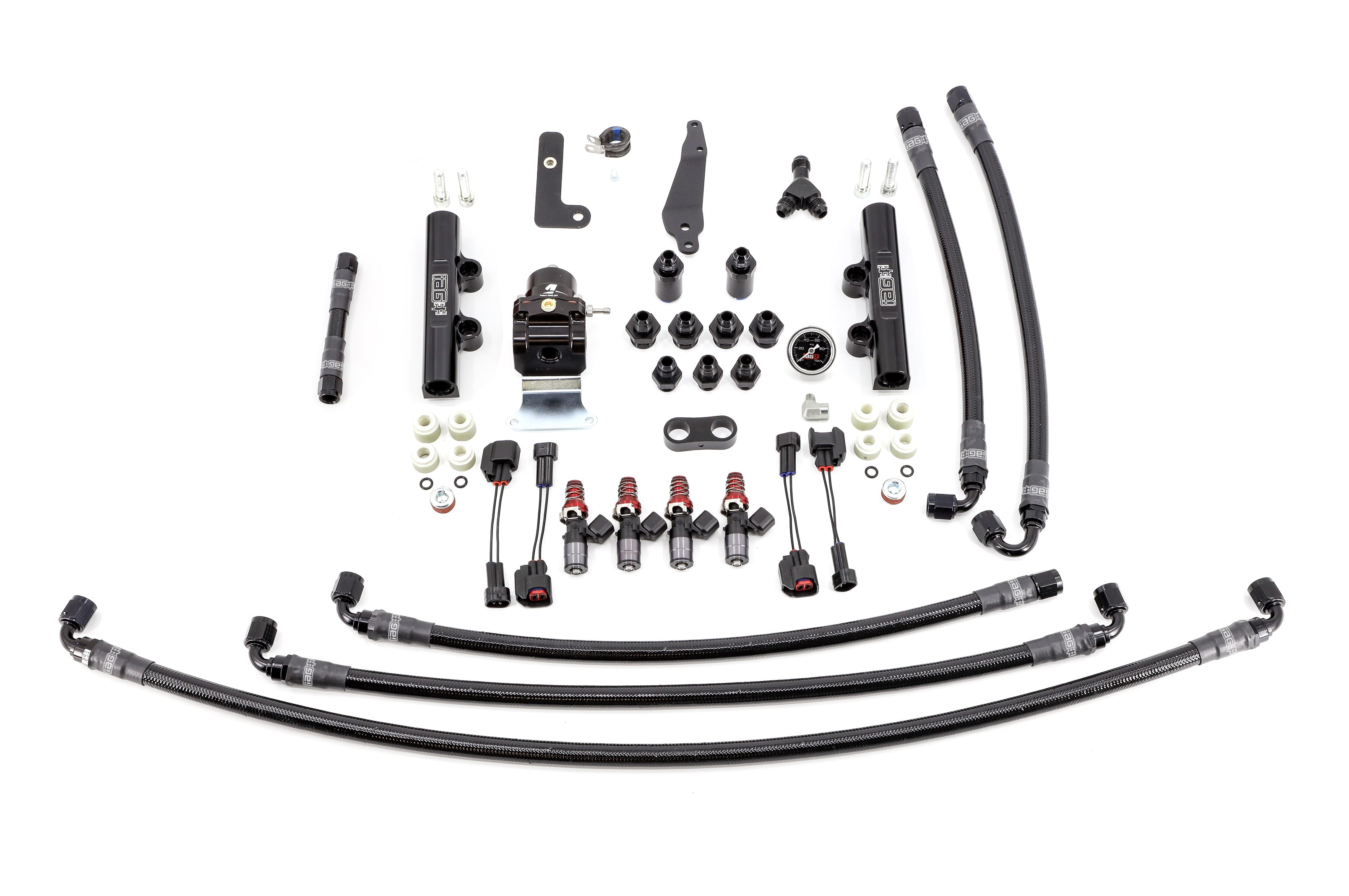 IAG PTFE Fuel System Kit w/ 1050cc Injectors, Lines, FPR, Black Fuel Rails - 2008-2021 Subaru STI